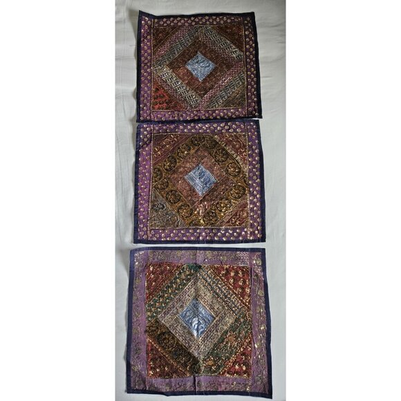 Set Of 3 Handmade Embroidered Pillow Covers Made In India - Picture 1 of 9